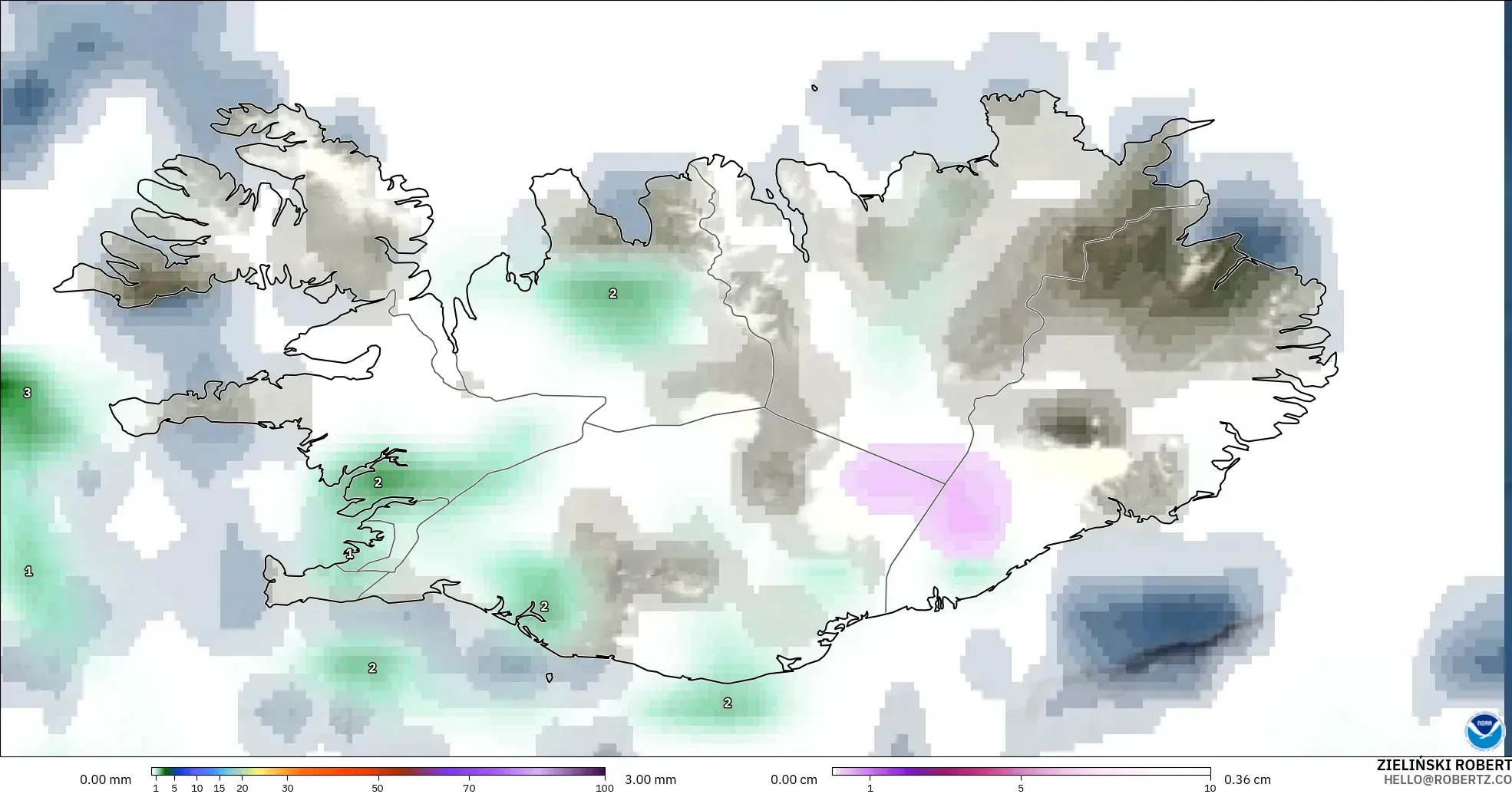 GFS モデル - アイスランド, 降水量、雲、気圧