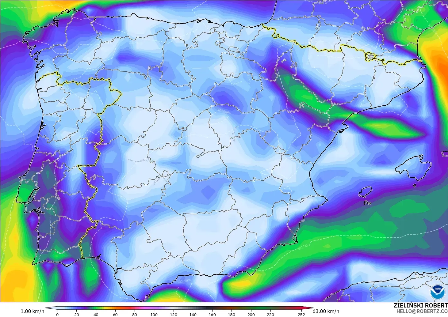 GFS モデル - スペイン, 突風