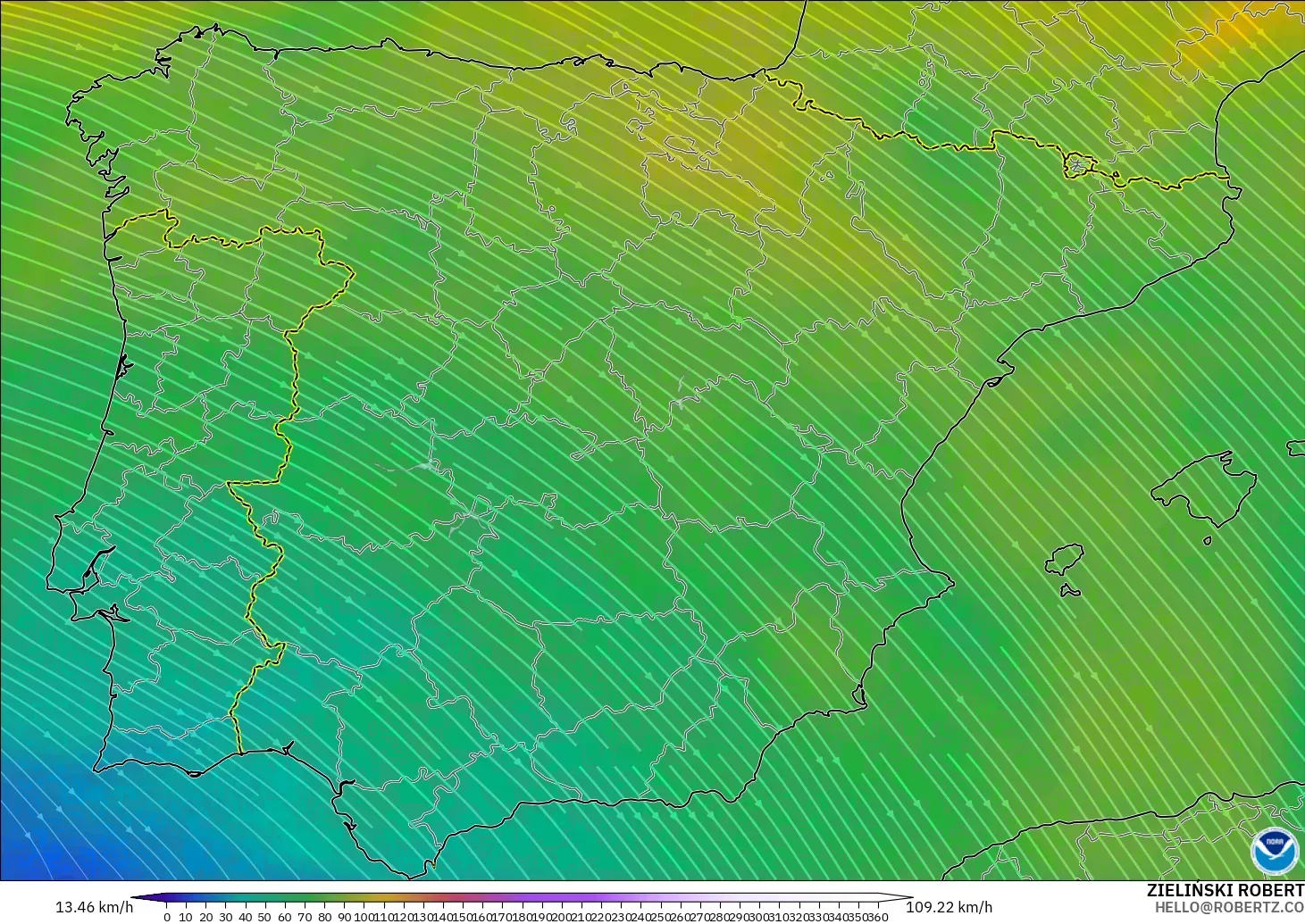 GFS モデル - スペイン, 風速（300hPa）