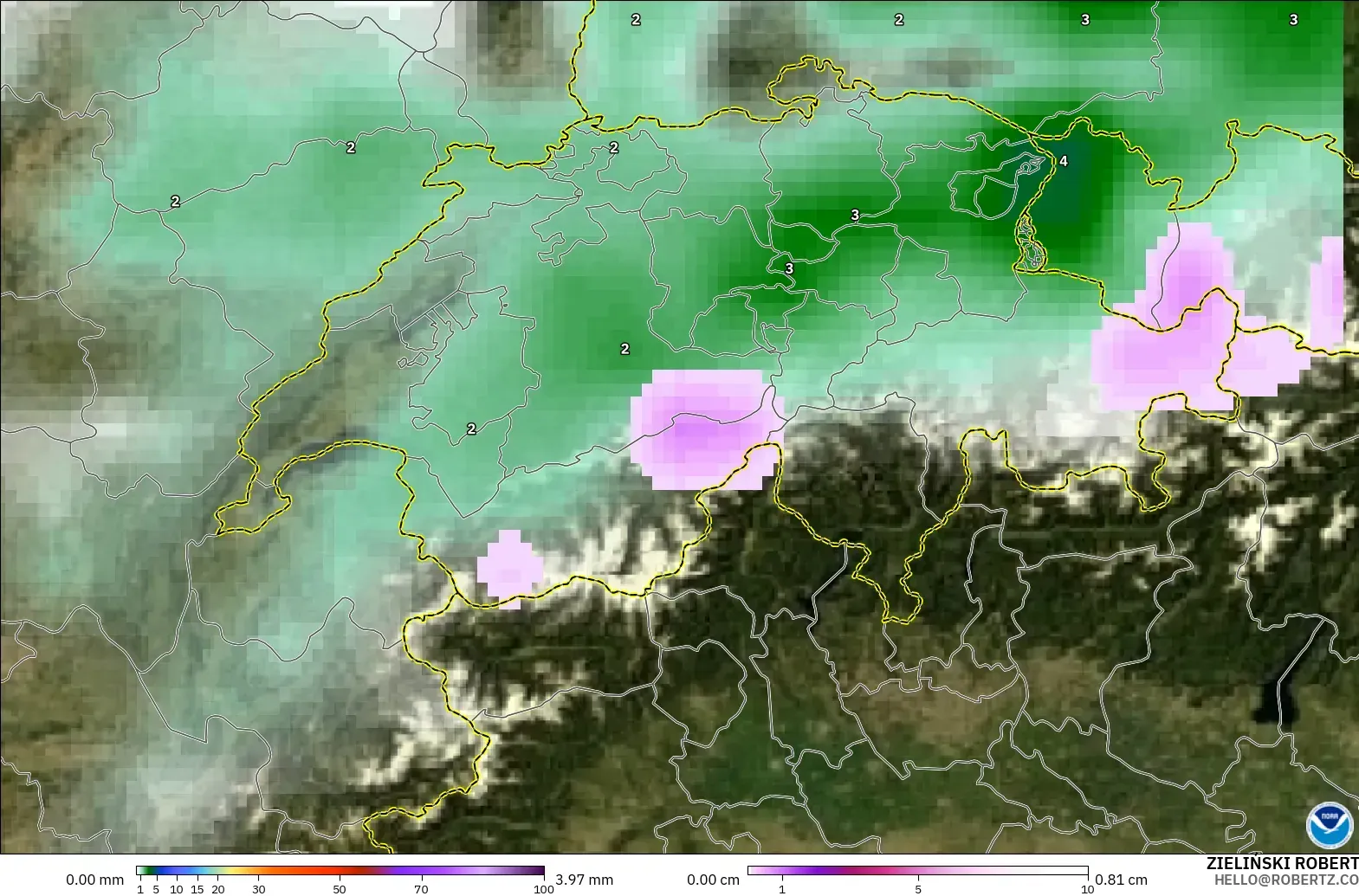GFS モデル - スイス, 降水量、雲、気圧