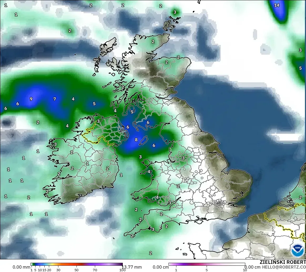 GFS モデル - イギリス, 降水量、雲、気圧
