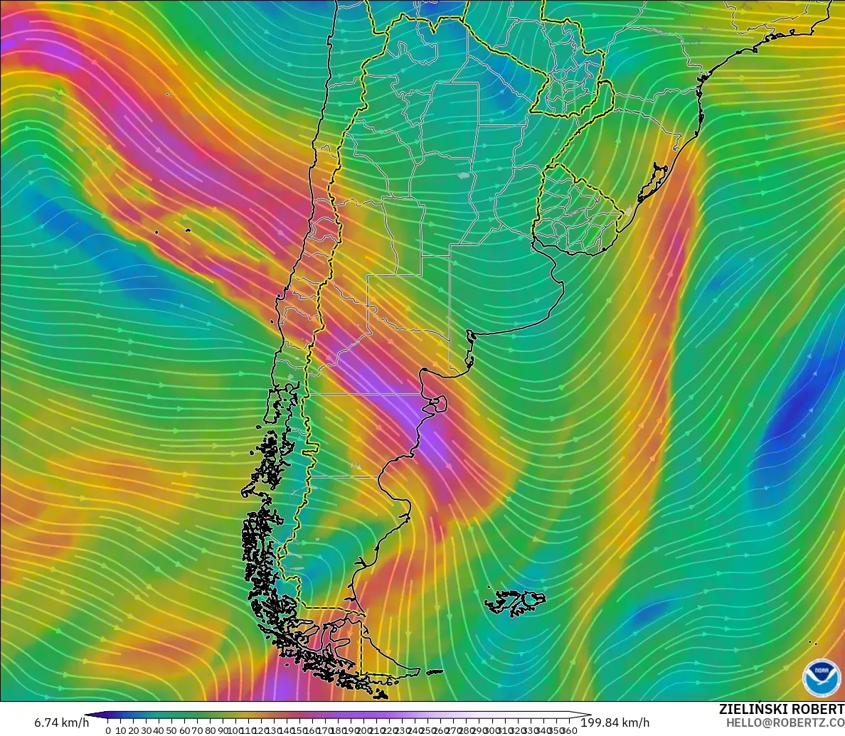 GFS モデル - アルゼンチン, 風速（300hPa）