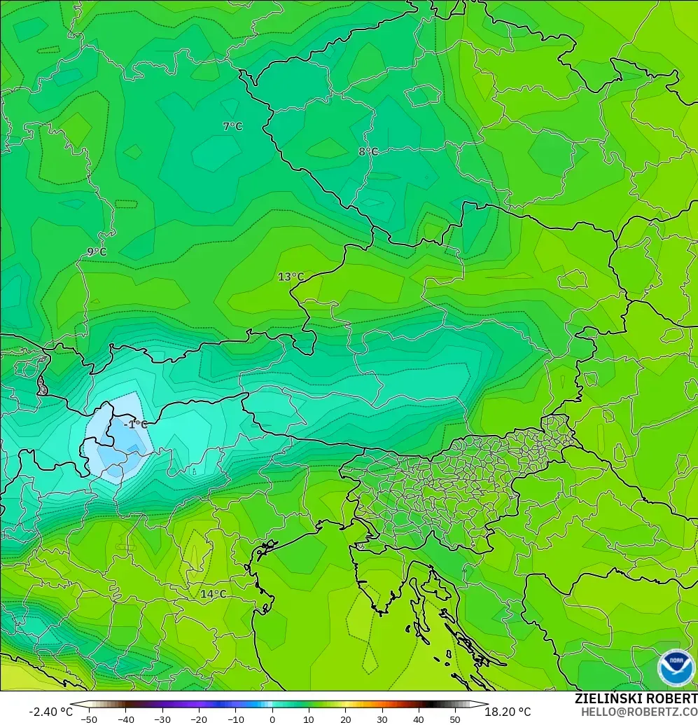 GFS モデル - オーストリア, 露点温度（2m）