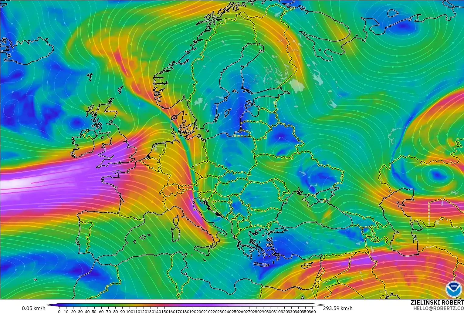 GFS モデル - ヨーロッパ, 風速（300hPa）