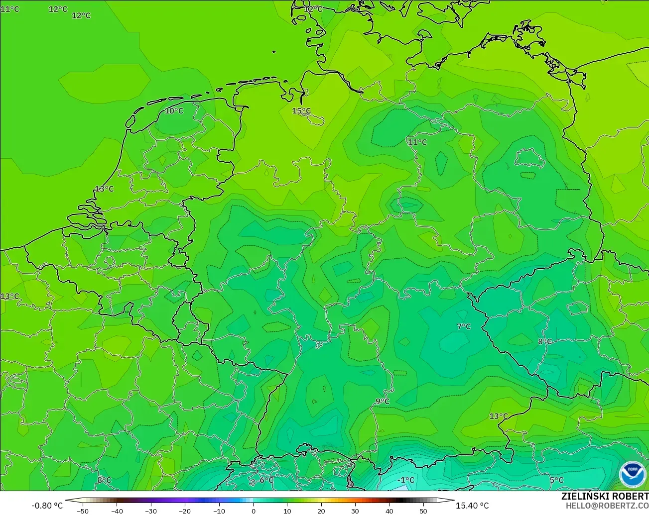 GFS モデル - ドイツ, 露点温度（2m）