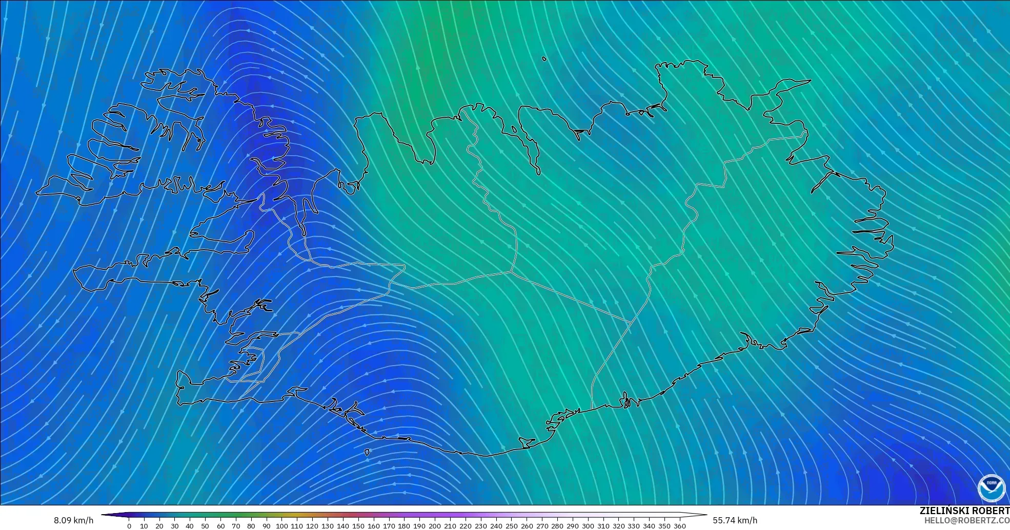 GFS モデル - アイスランド, 風速（300hPa）