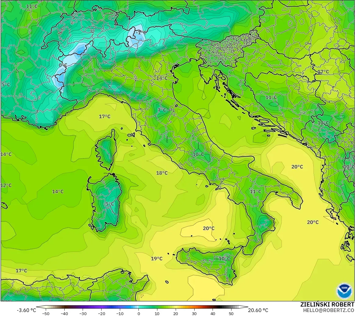 GFS モデル - イタリア, 露点温度（2m）