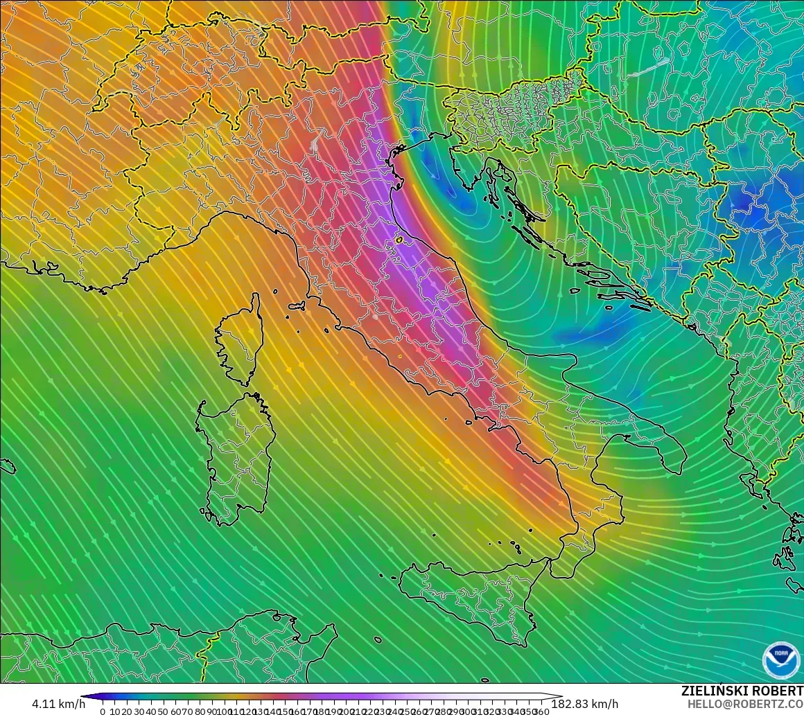 GFS モデル - イタリア, 風速（300hPa）