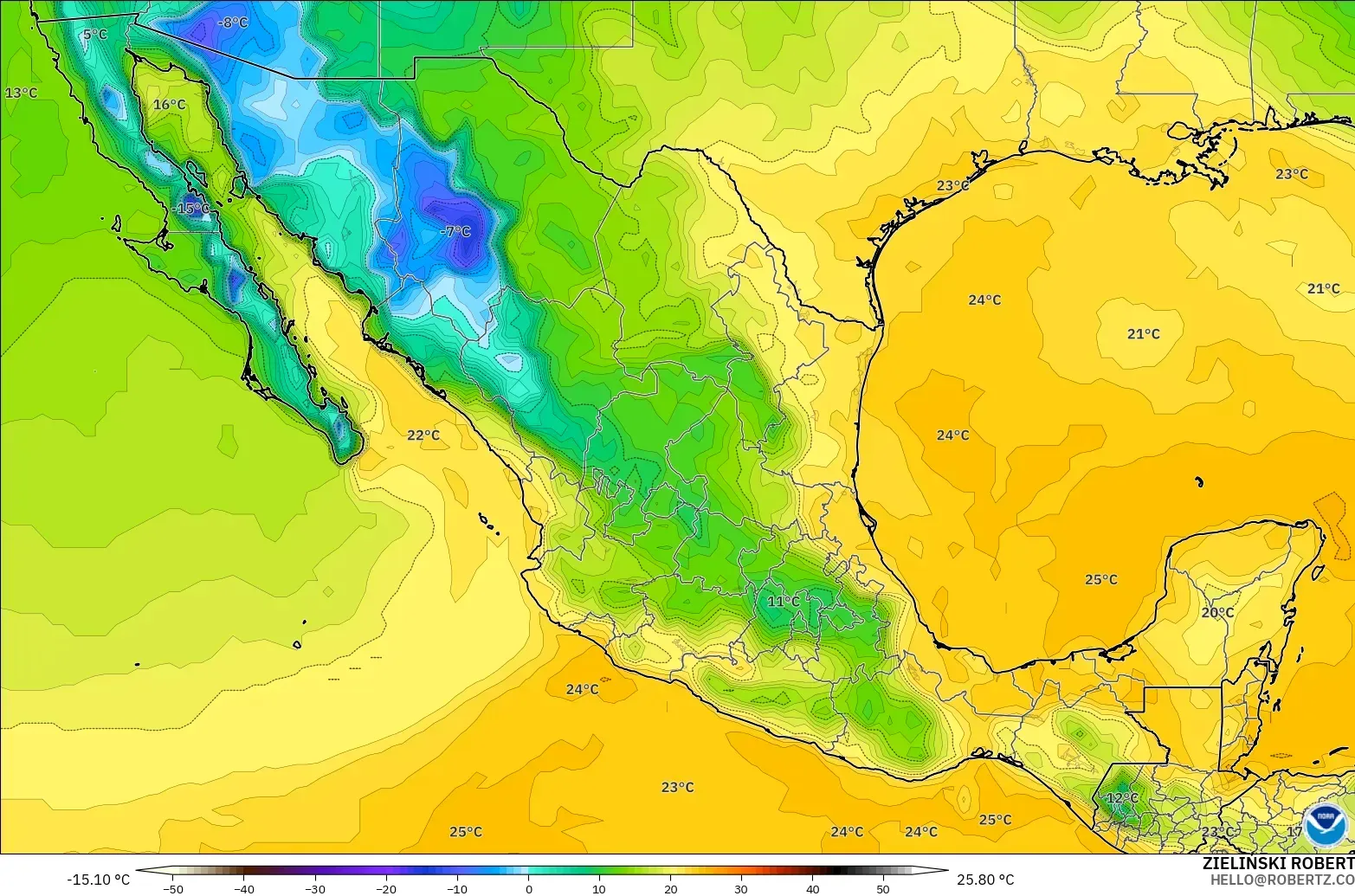 GFS モデル - メキシコ, 露点温度（2m）