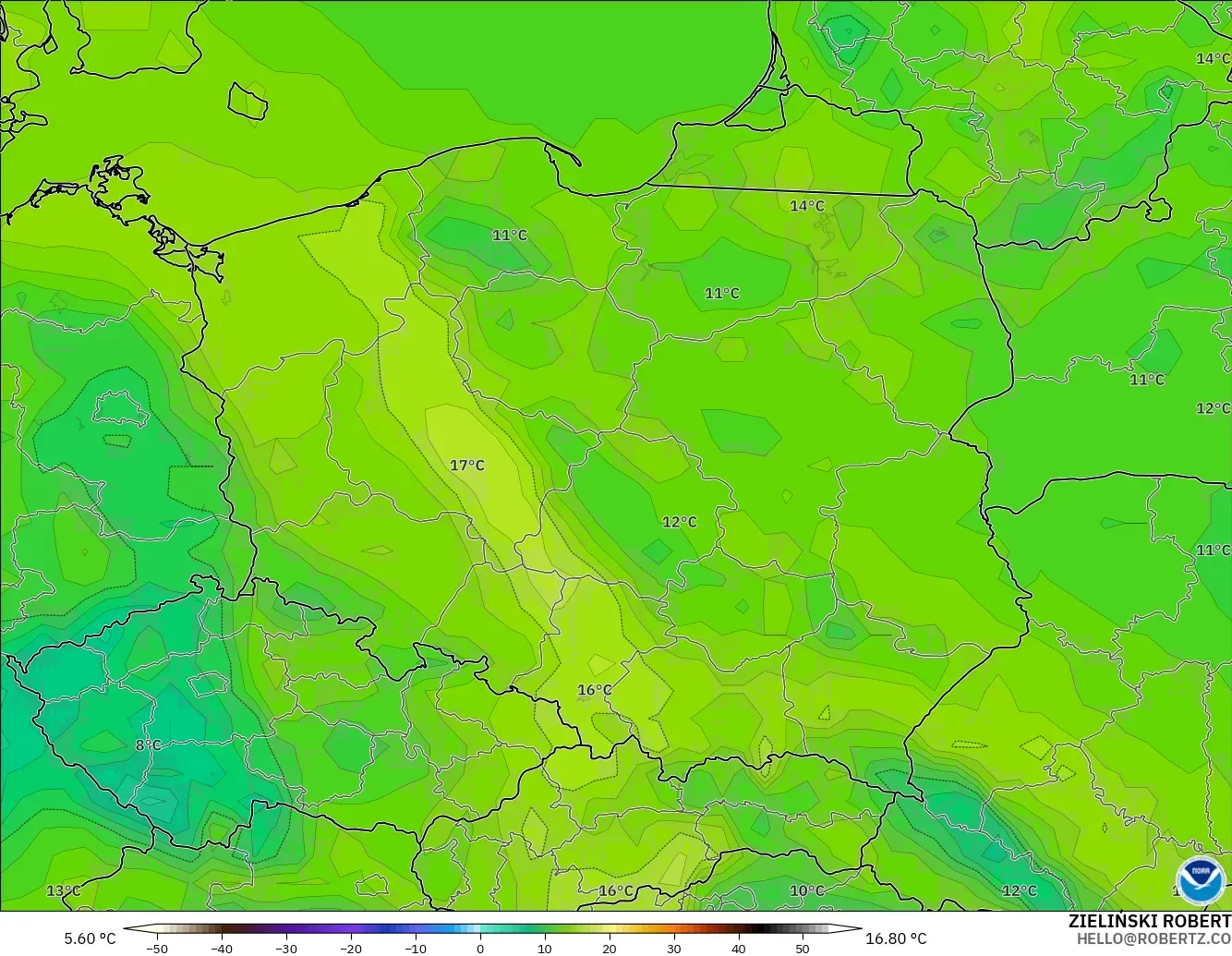 GFS モデル - ポーランド, 露点温度（2m）