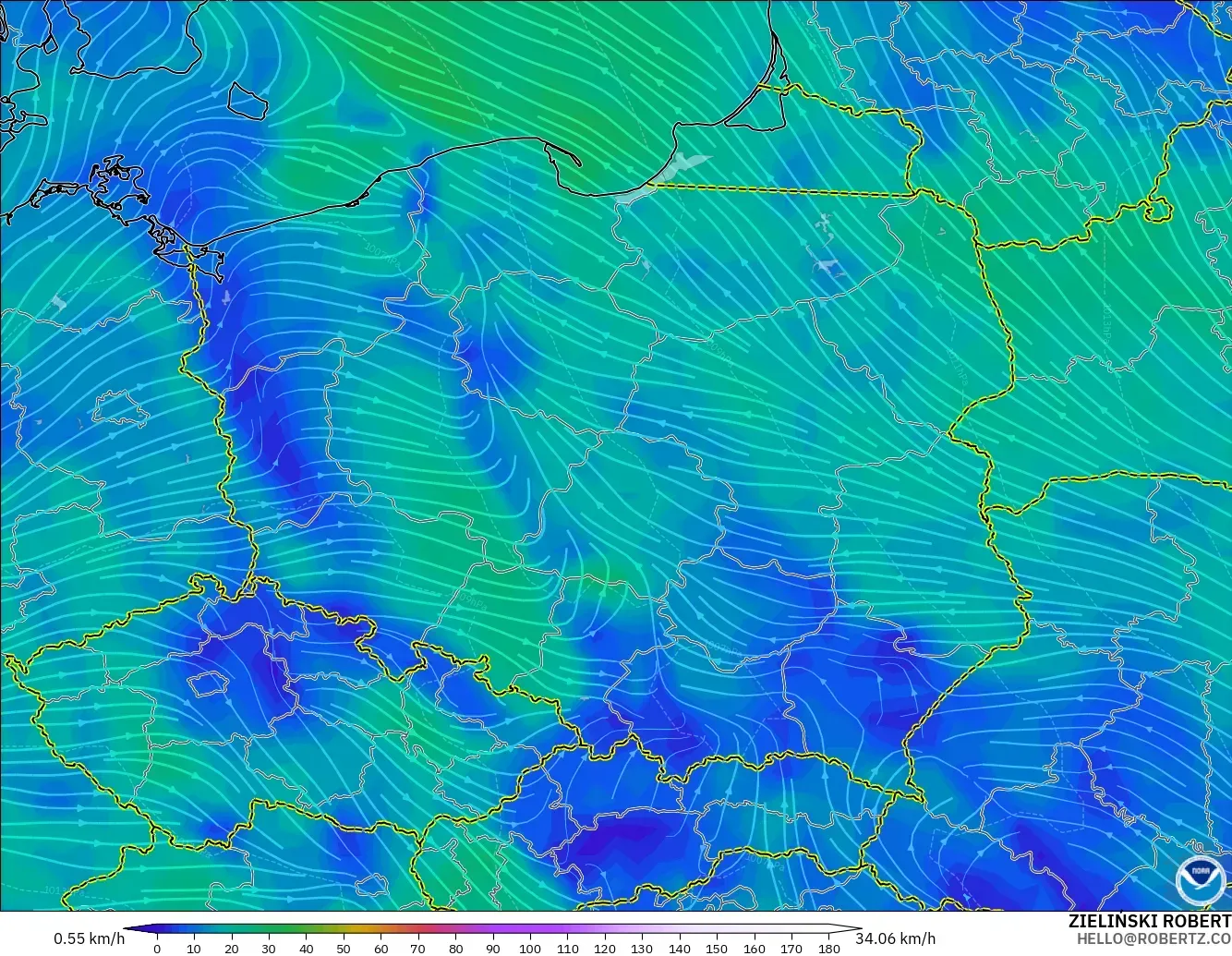 GFS モデル - ポーランド, 風速（10m）
