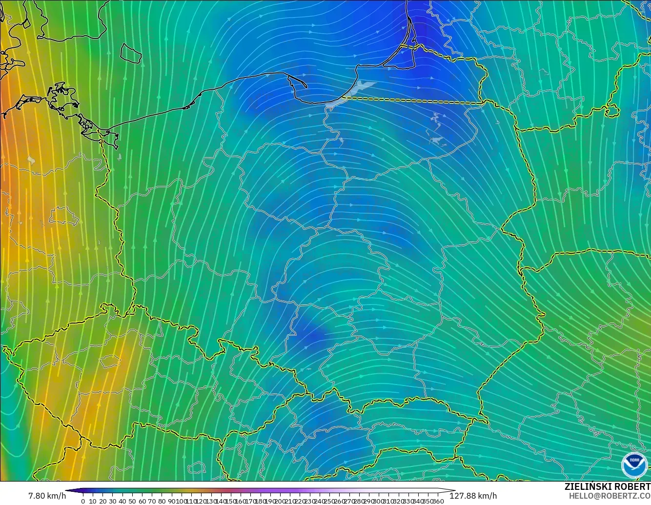 GFS モデル - ポーランド, 風速（300hPa）