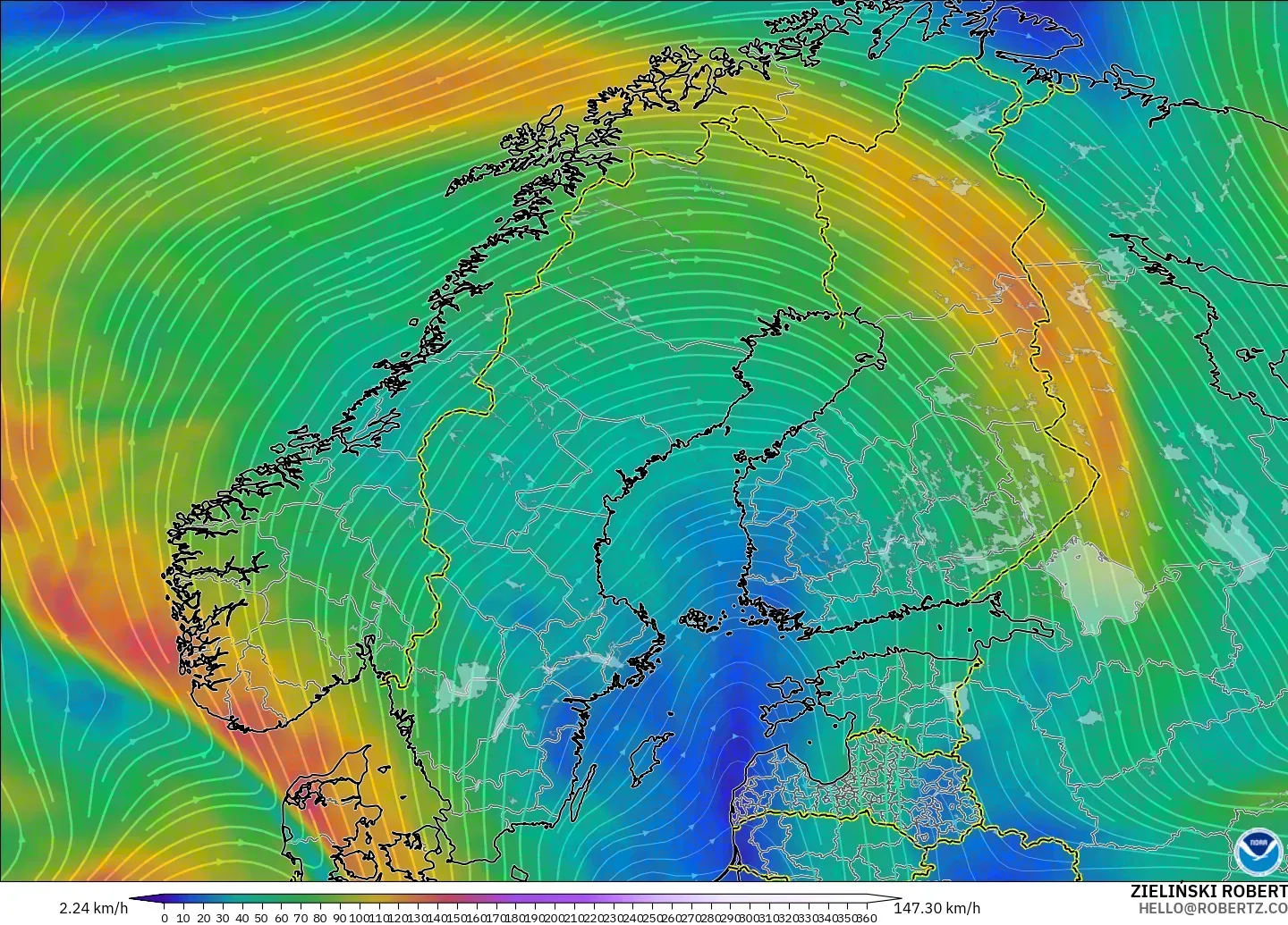 GFS モデル - スカンジナビア, 風速（300hPa）