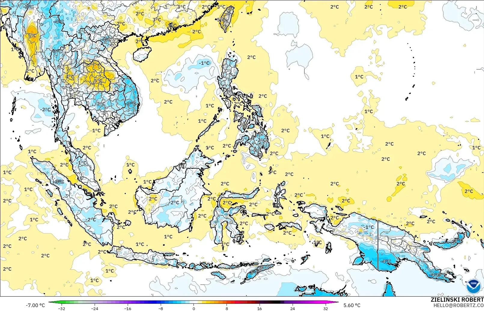 GFS モデル - 東南アジア, 気温異常（2m）