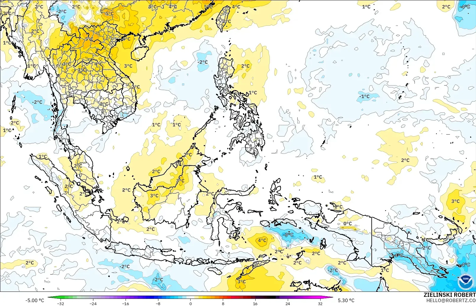 GFS モデル - 東南アジア, 気温異常（850hPa）