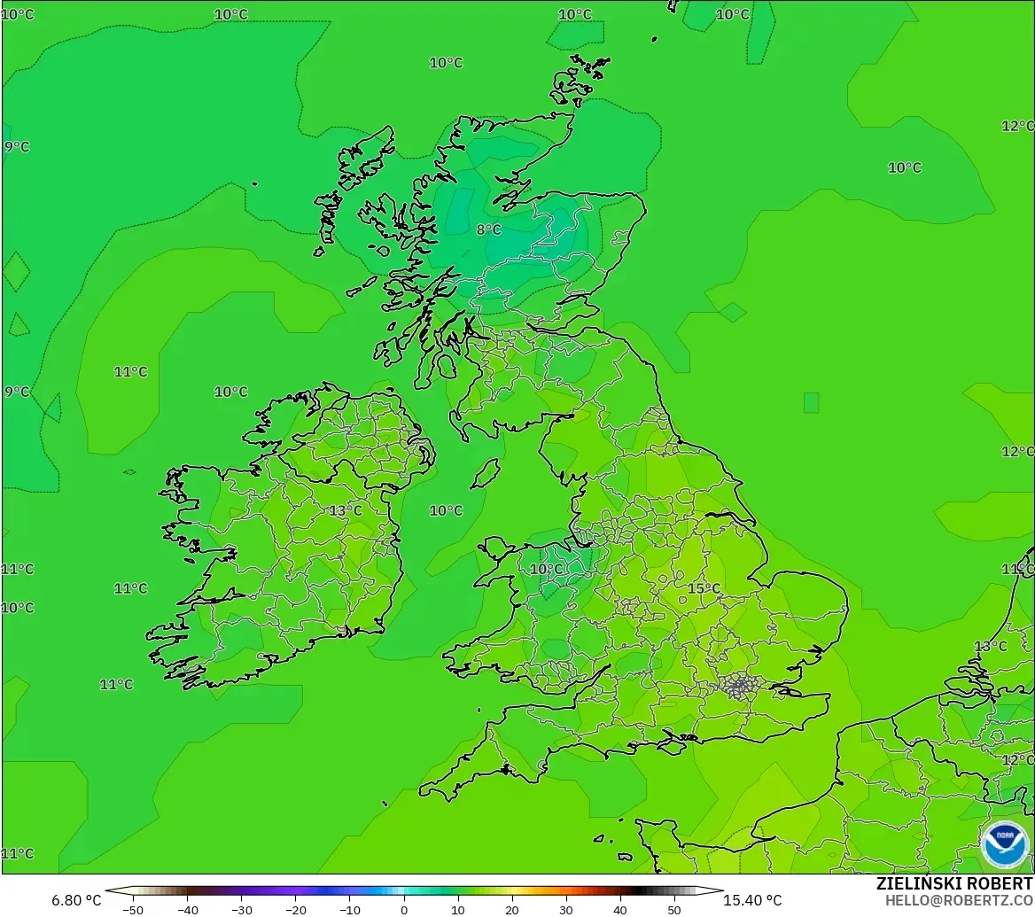 GFS モデル - イギリス, 露点温度（2m）