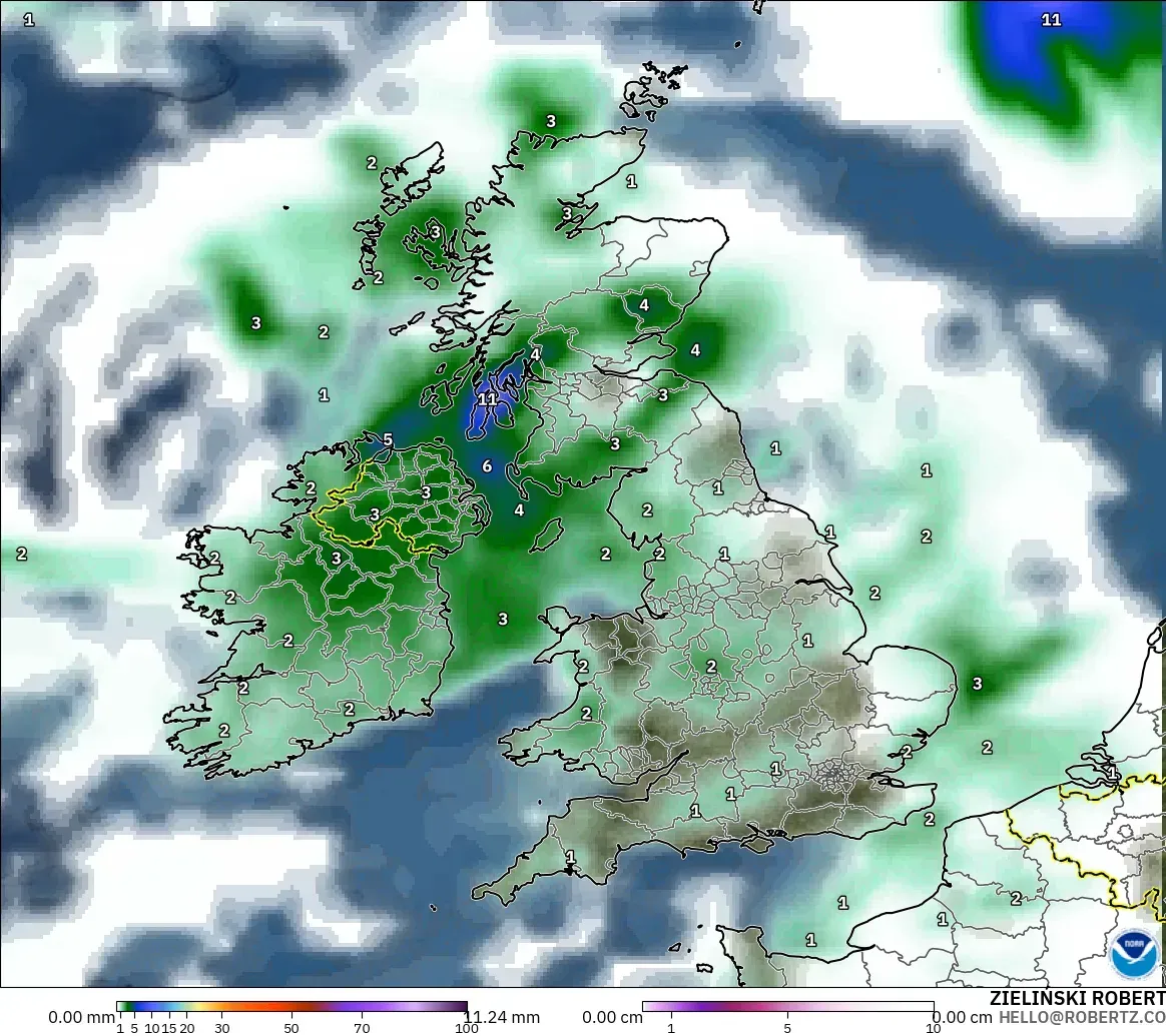 GFS モデル - イギリス, 降水量、雲、気圧