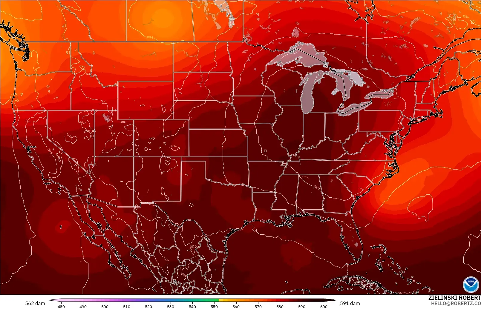GFS モデル - アメリカ合衆国, 500hPaのジオポテンシャル高度