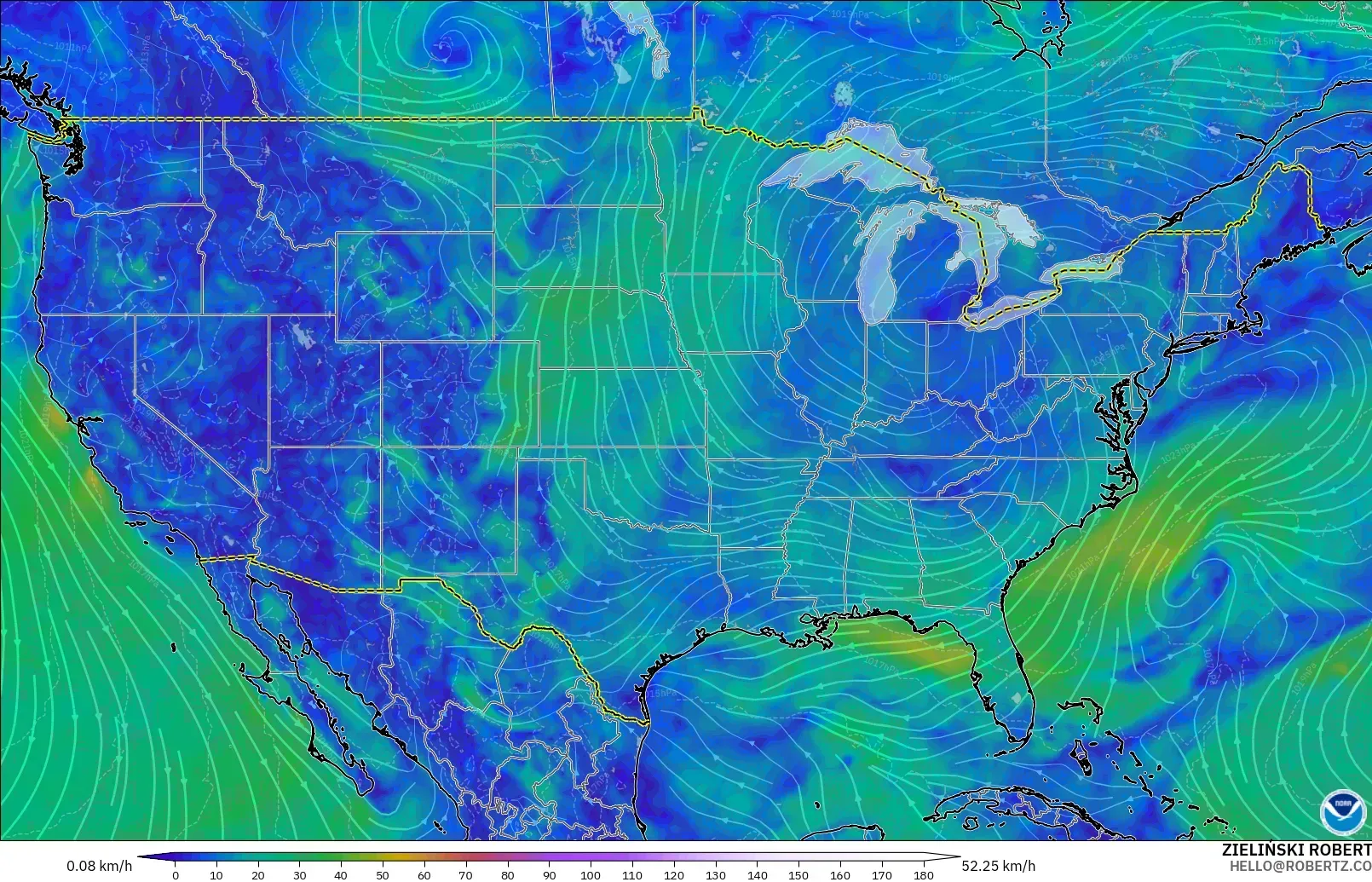 GFS モデル - アメリカ合衆国, 風速（10m）