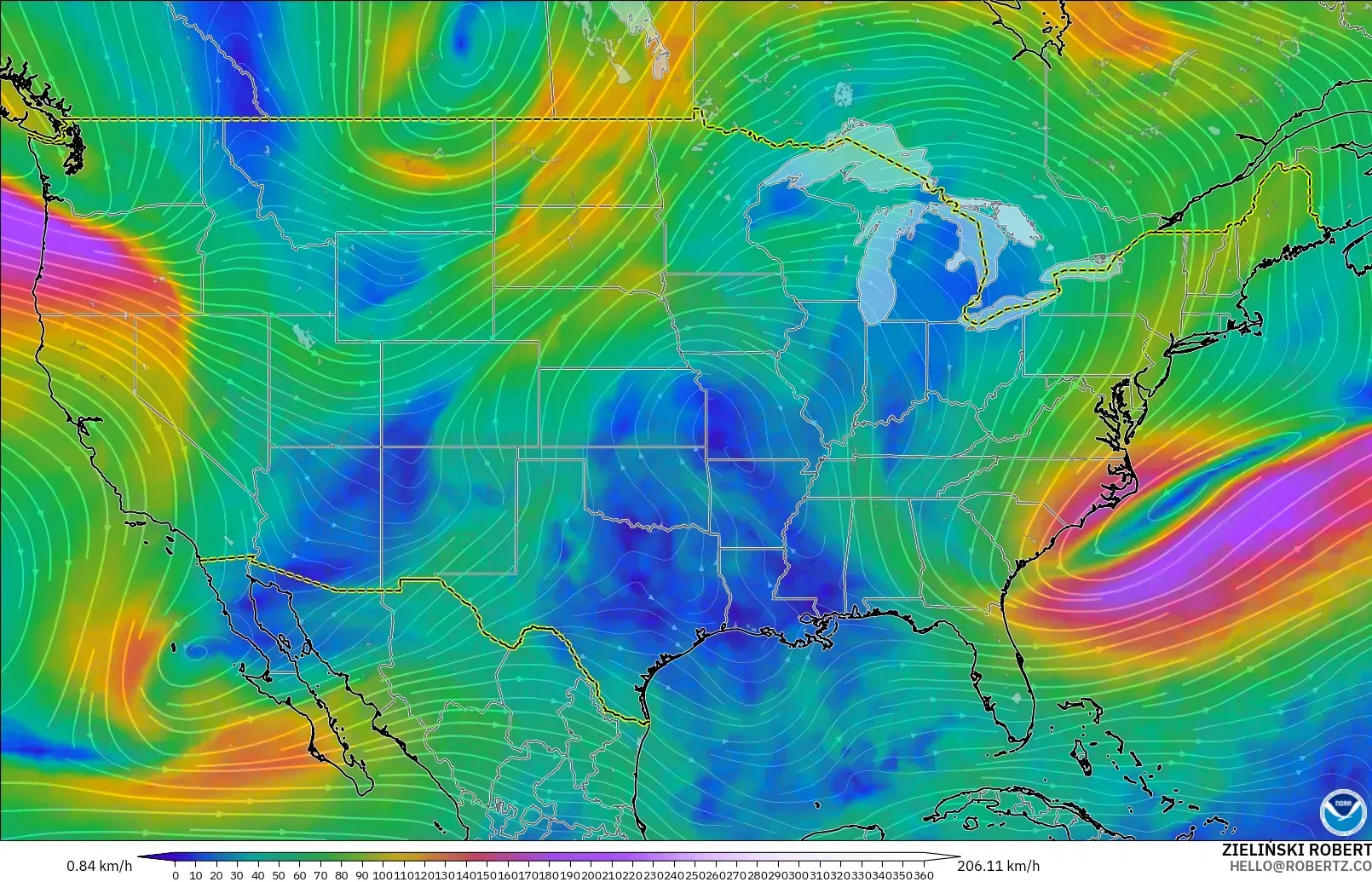 GFS モデル - アメリカ合衆国, 風速（300hPa）