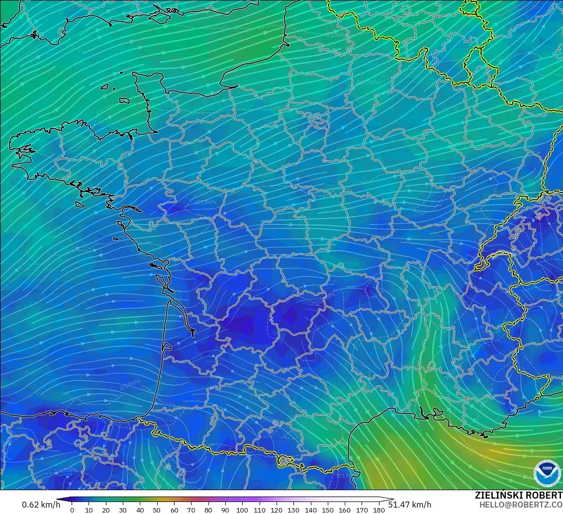 GFS モデル - フランス, 風速（10m）