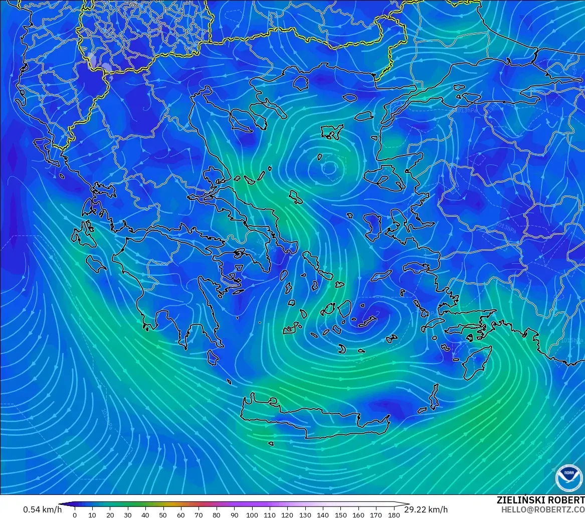 GFS モデル - ギリシャ, 風速（10m）