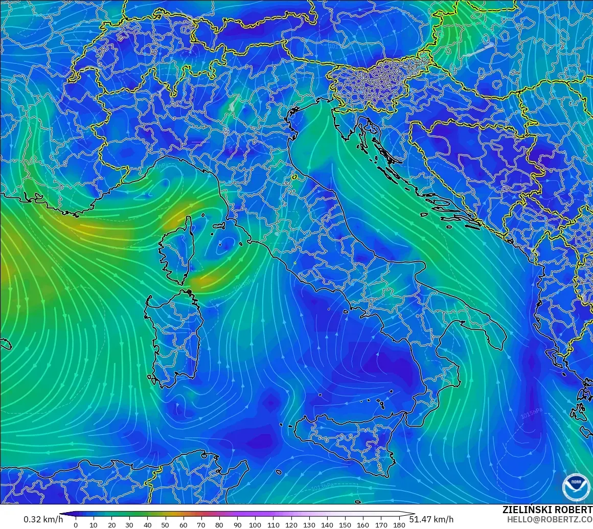 GFS モデル - イタリア, 風速（10m）