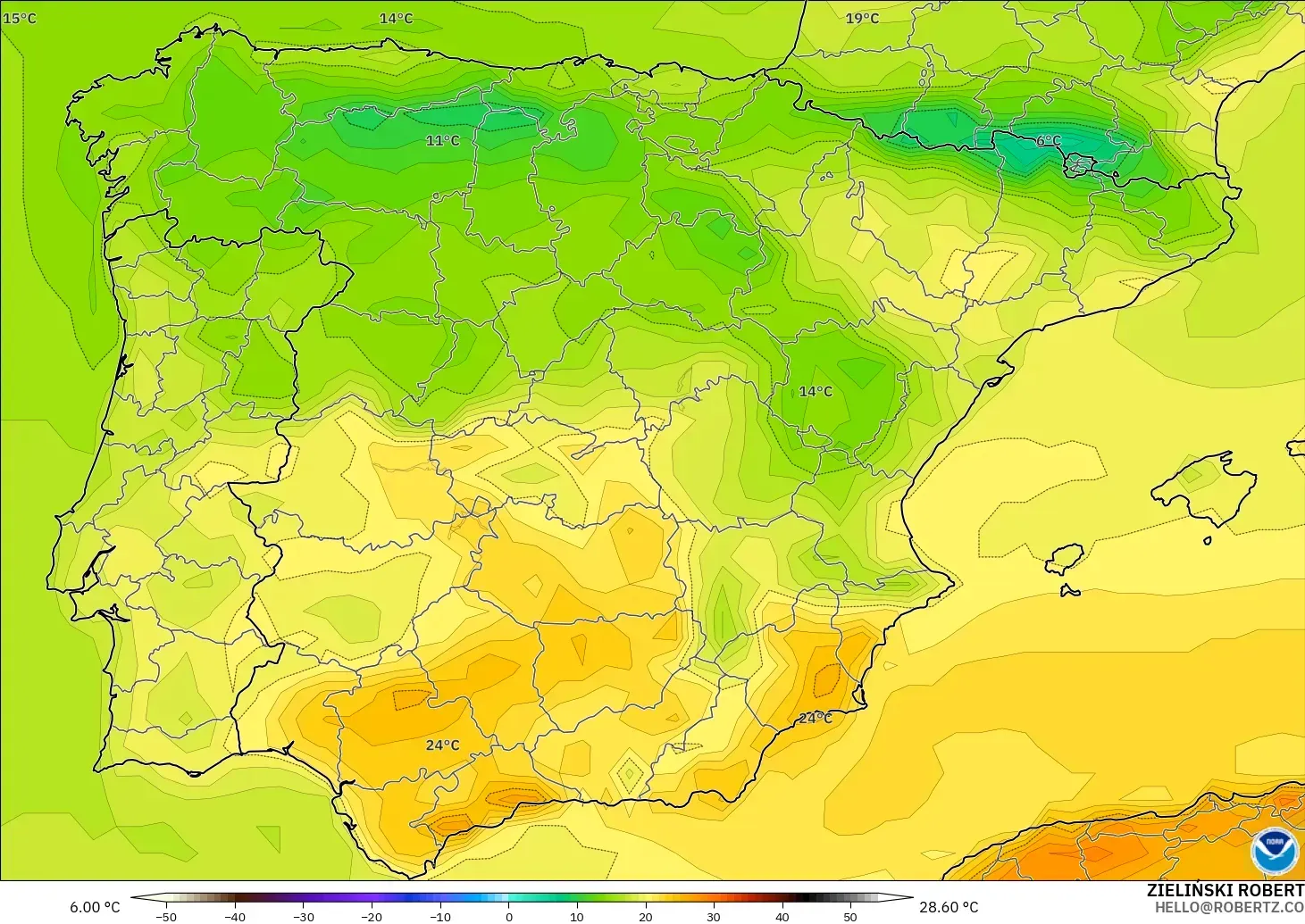 GFS モデル - スペイン, 気温（2m）