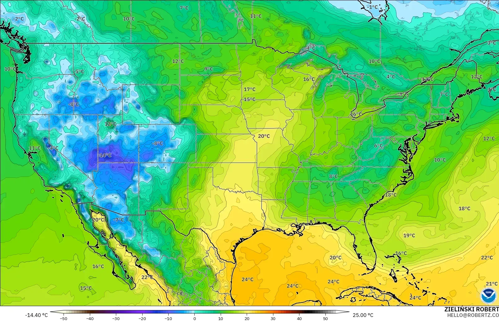 GFS モデル - アメリカ合衆国, 露点温度（2m）