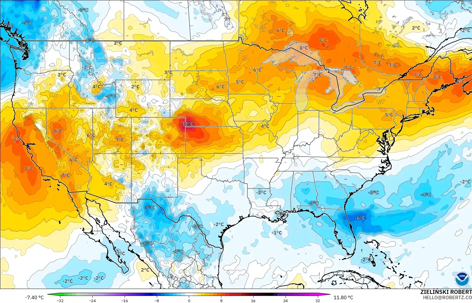 GFS モデル - アメリカ合衆国, 気温異常（850hPa）