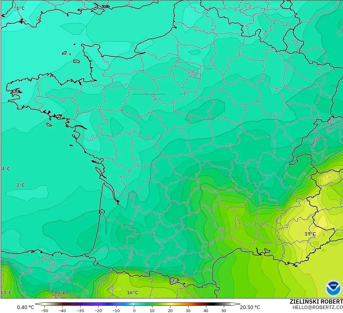 GFS モデル - フランス, 気温（850hPa）