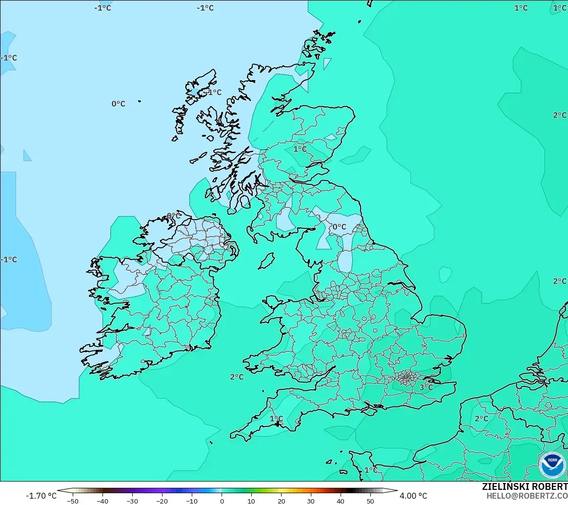 GFS モデル - イギリス, 気温（850hPa）