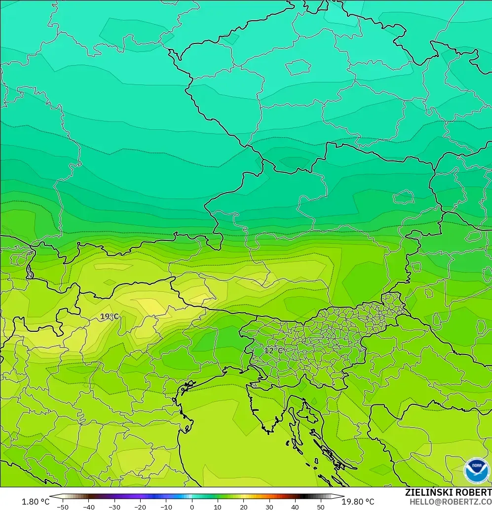 GFS モデル - オーストリア, 気温（850hPa）