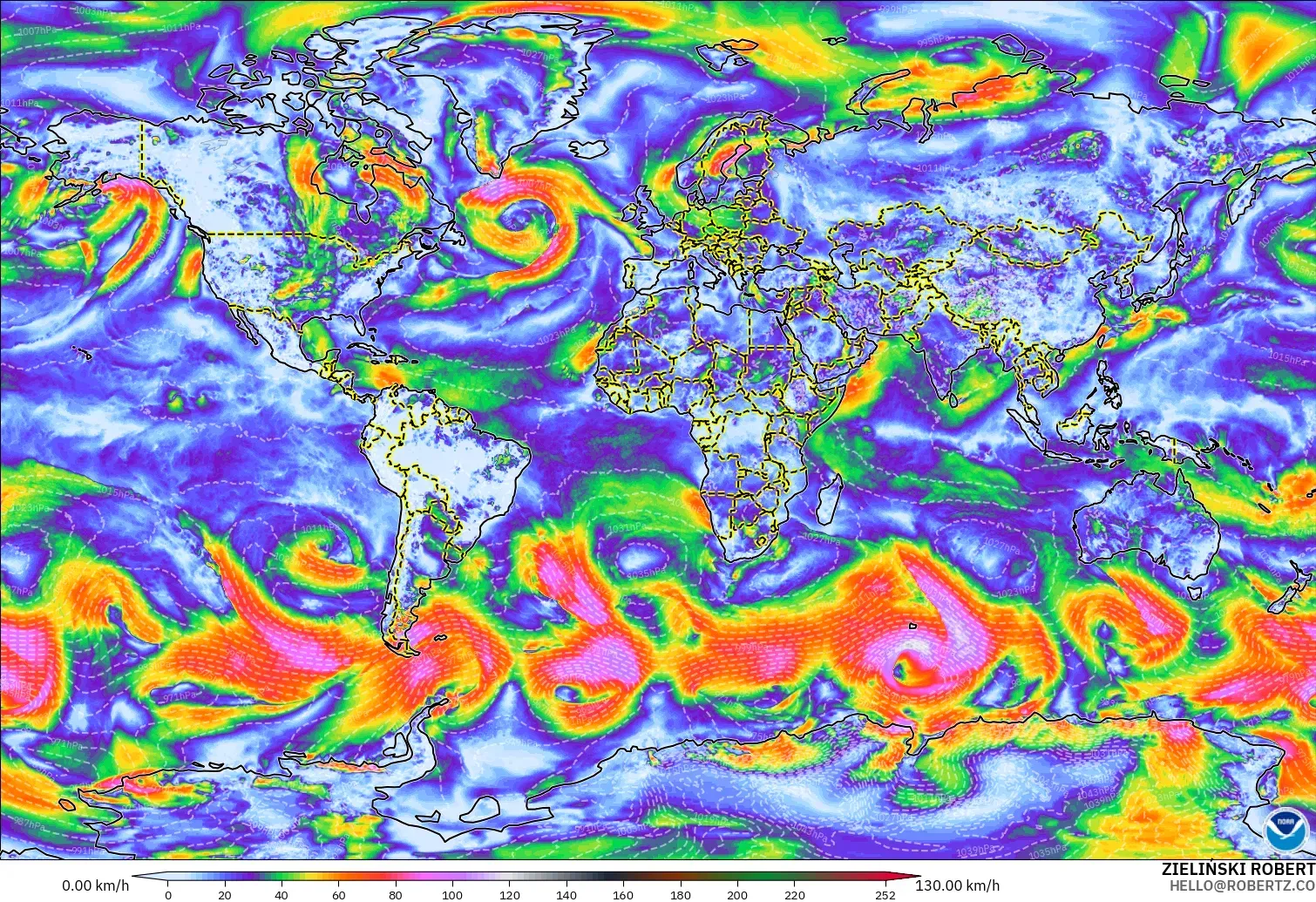 GFS モデル - 世界, 突風（最大）