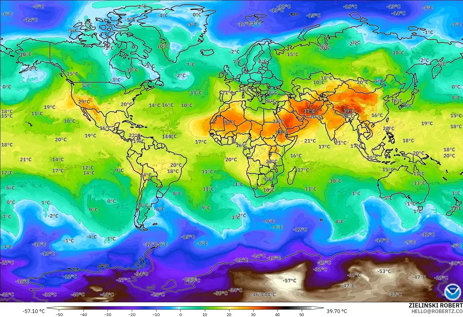 GFS モデル - 世界, 気温（850hPa）
