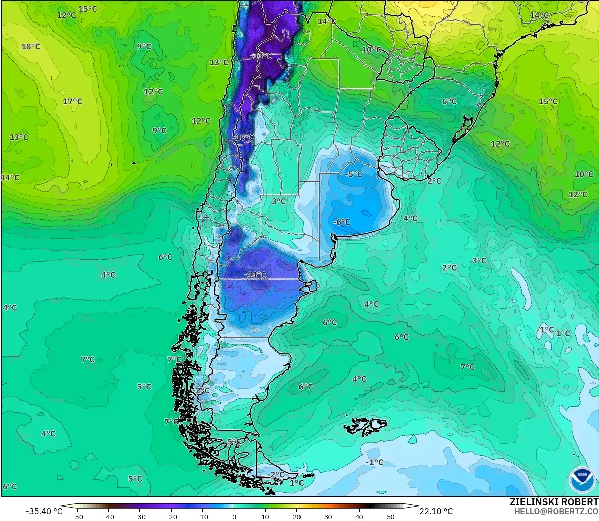 GFS モデル - アルゼンチン, 露点温度（2m）