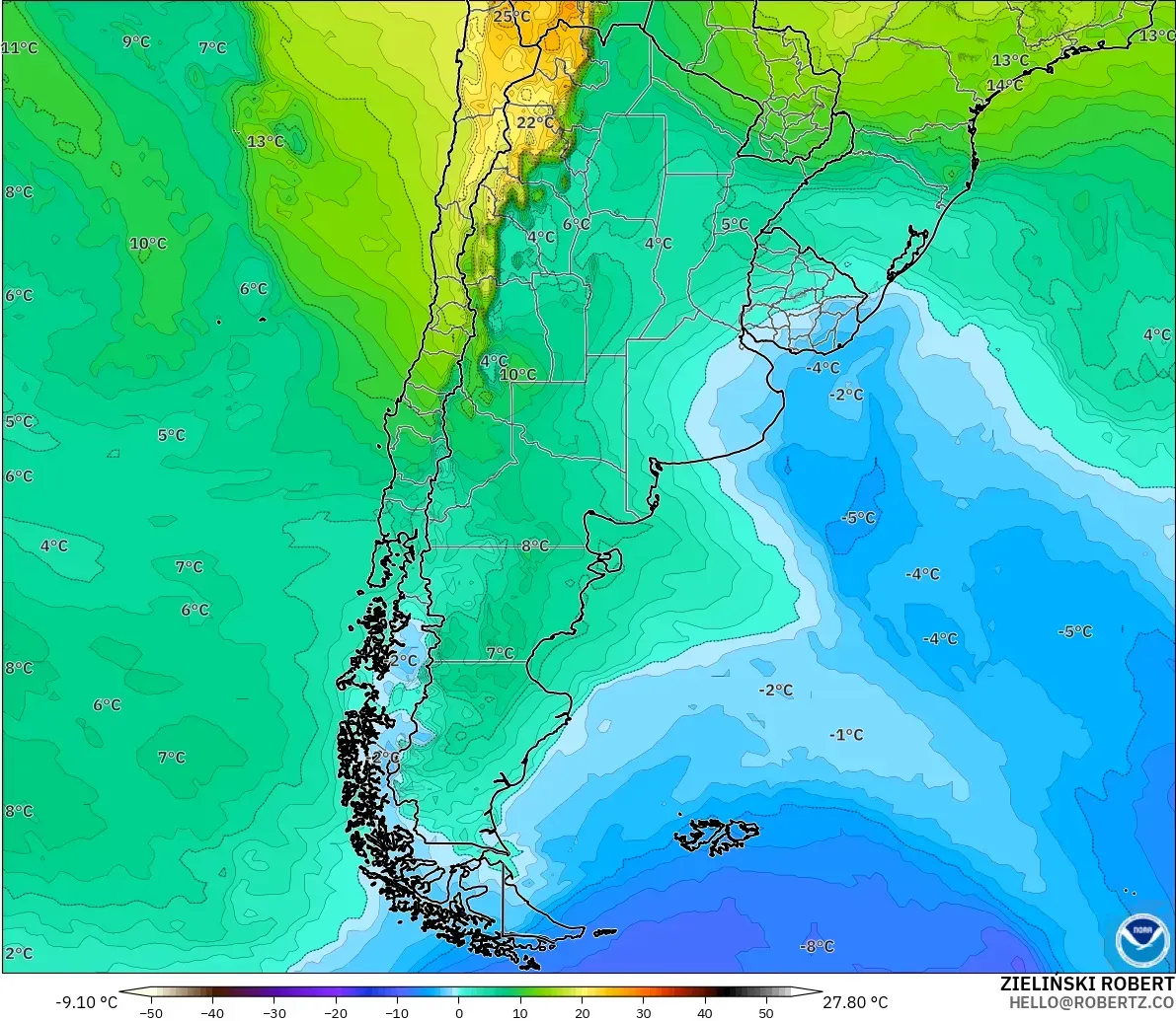 GFS モデル - アルゼンチン, 気温（850hPa）