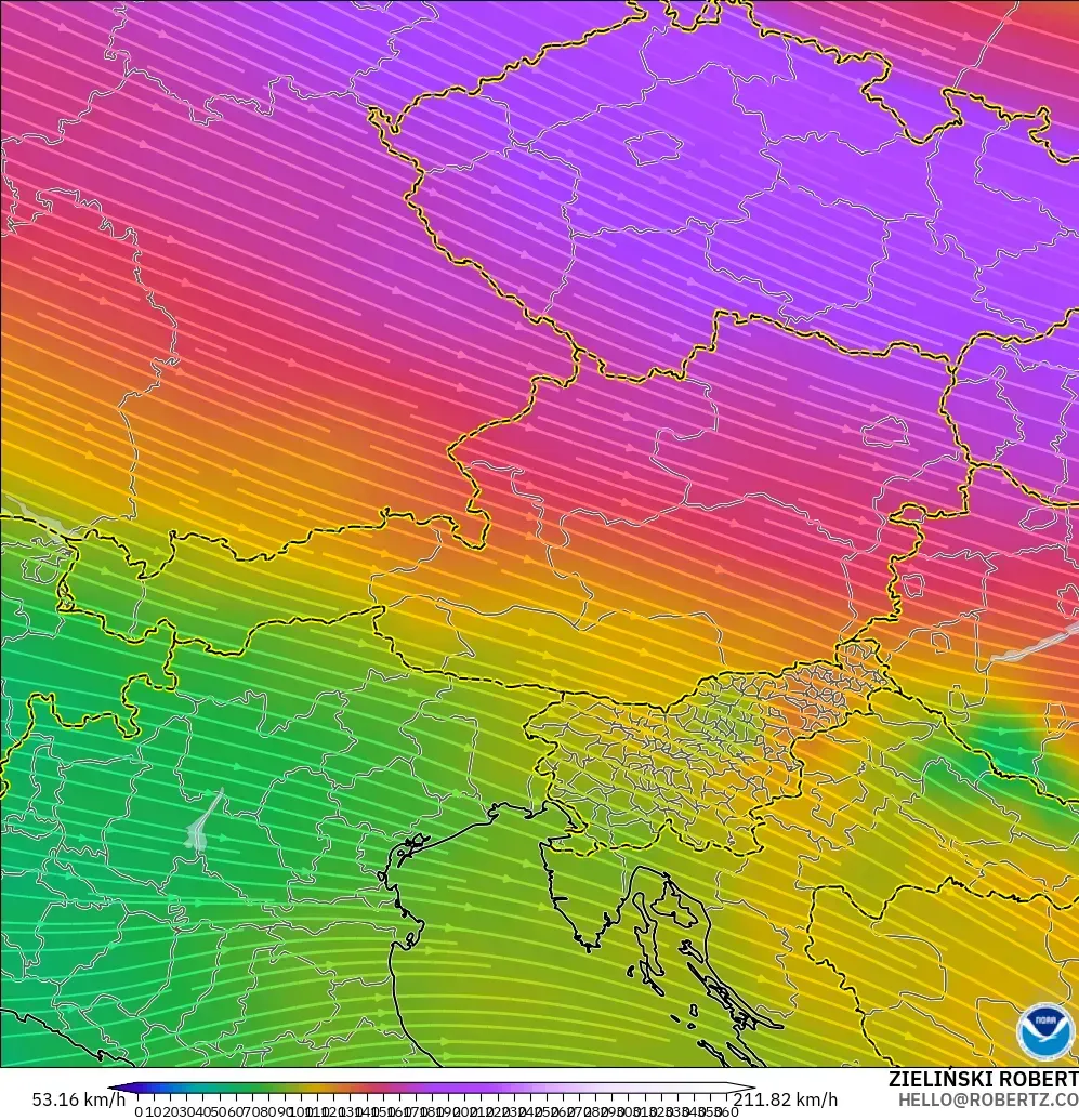 GFS モデル - オーストリア, 風速（300hPa）