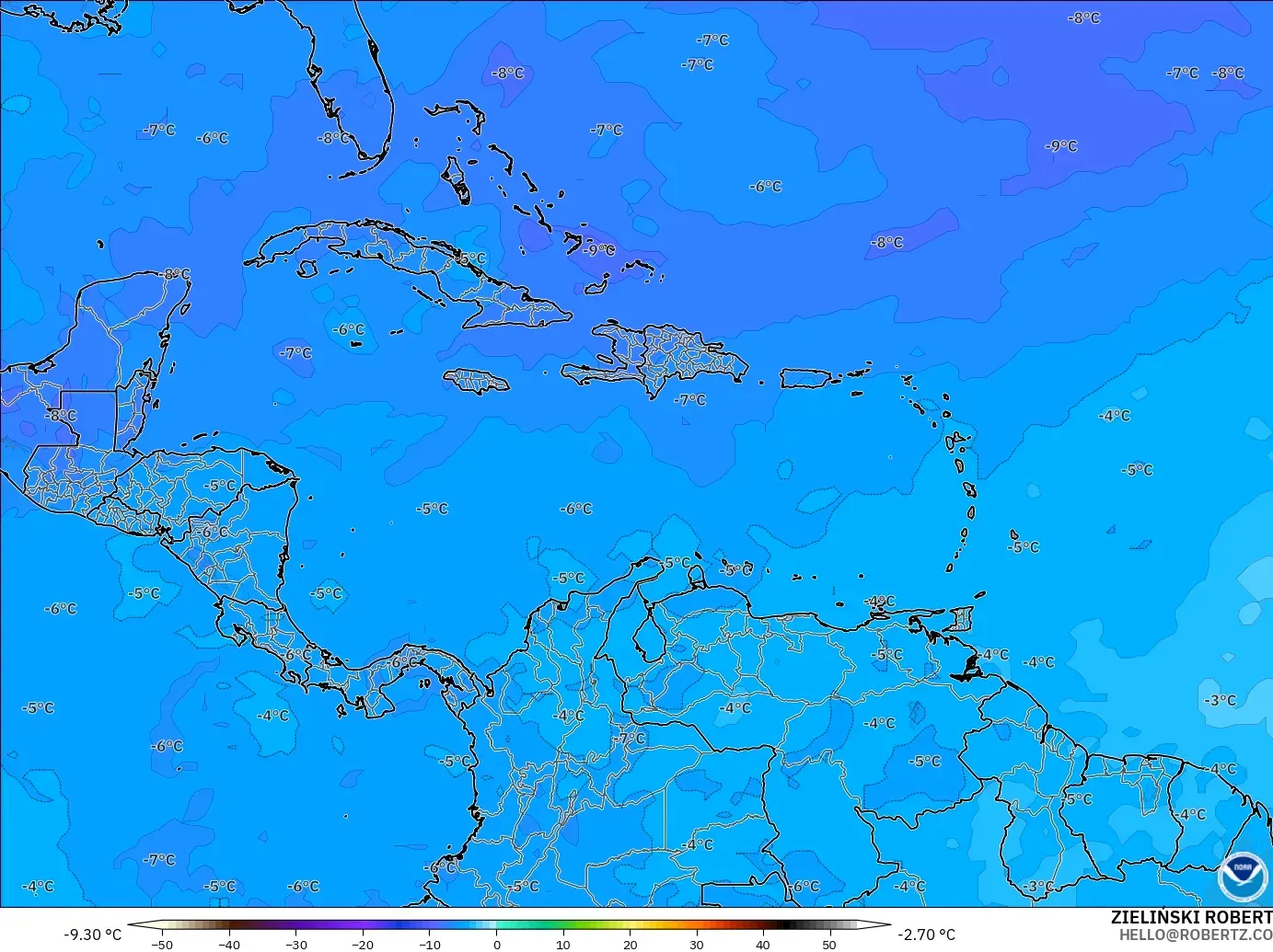 GFS モデル - カリブ海, 気温（500hPa）