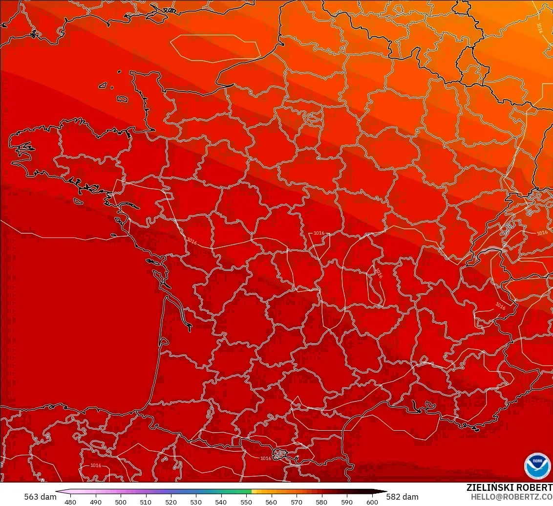 GFS モデル - フランス, 500hPaのジオポテンシャル高度