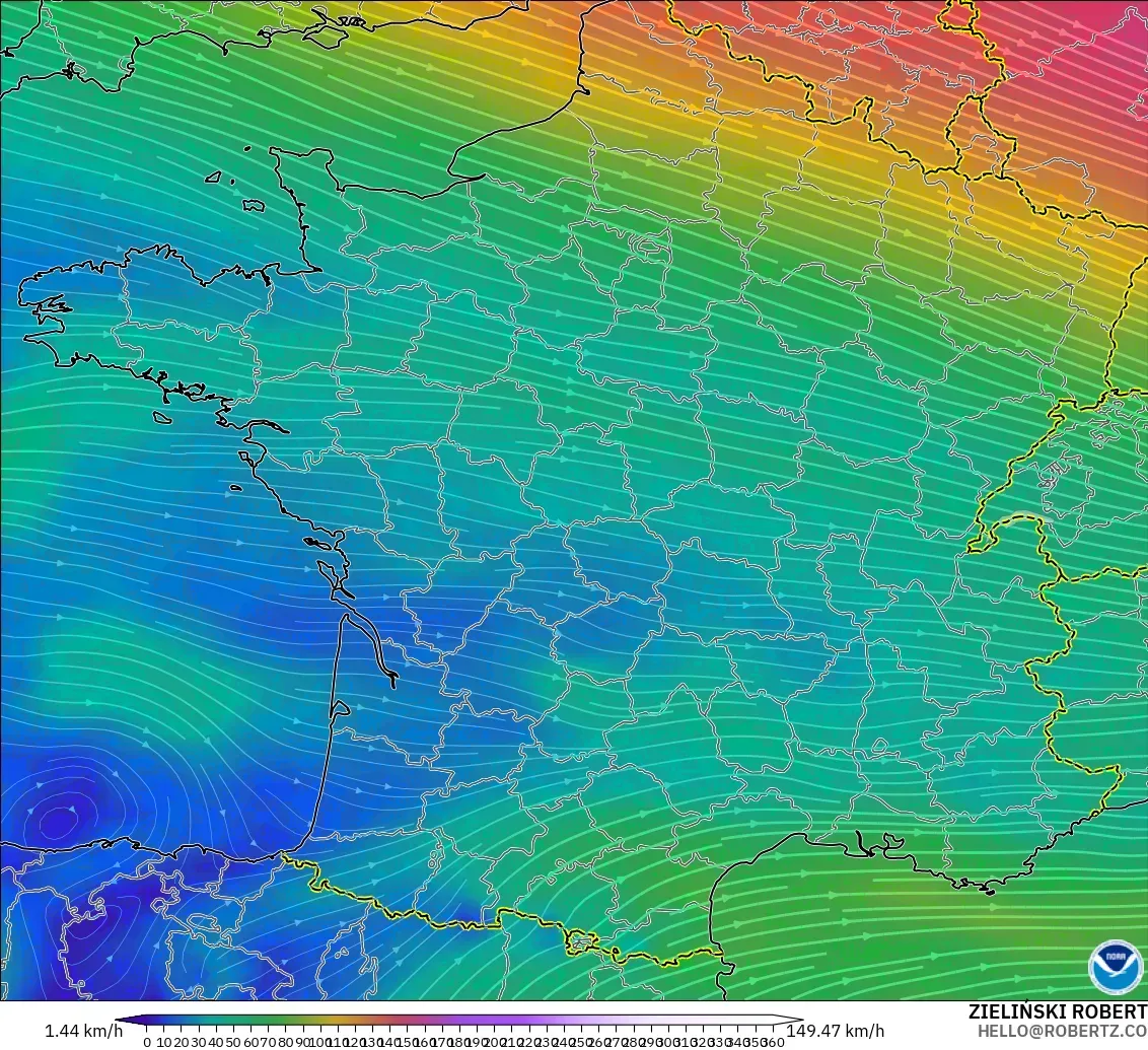 GFS モデル - フランス, 風速（300hPa）