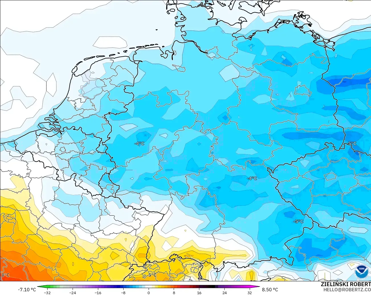 GFS モデル - ドイツ, 気温異常（2m）