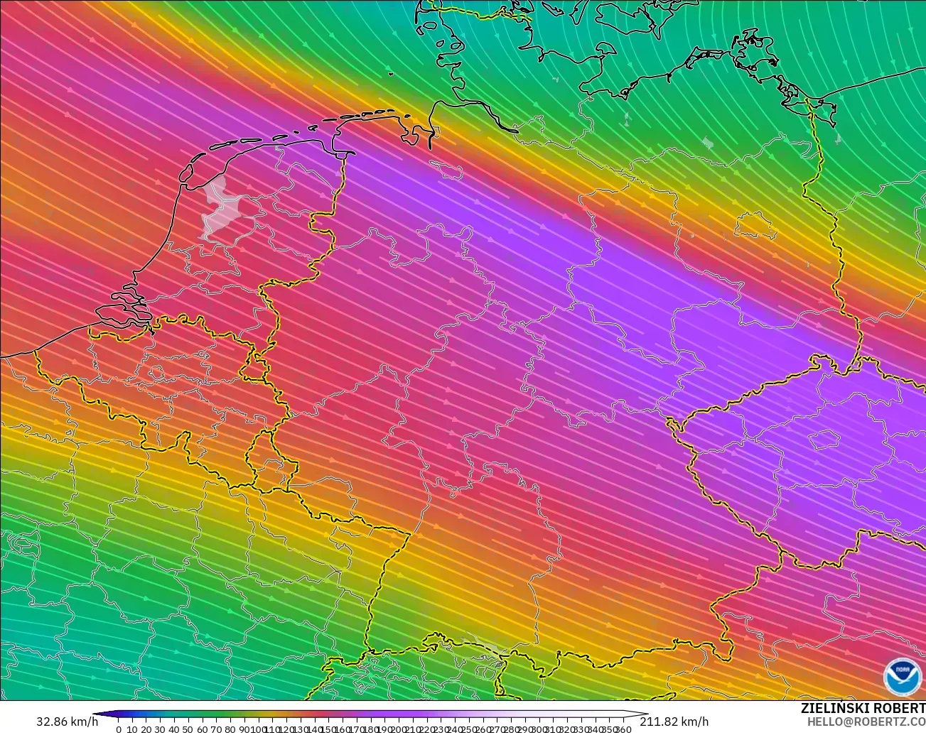 GFS モデル - ドイツ, 風速（300hPa）