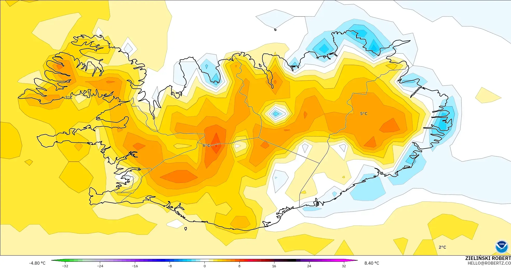 GFS モデル - アイスランド, 気温異常（2m）
