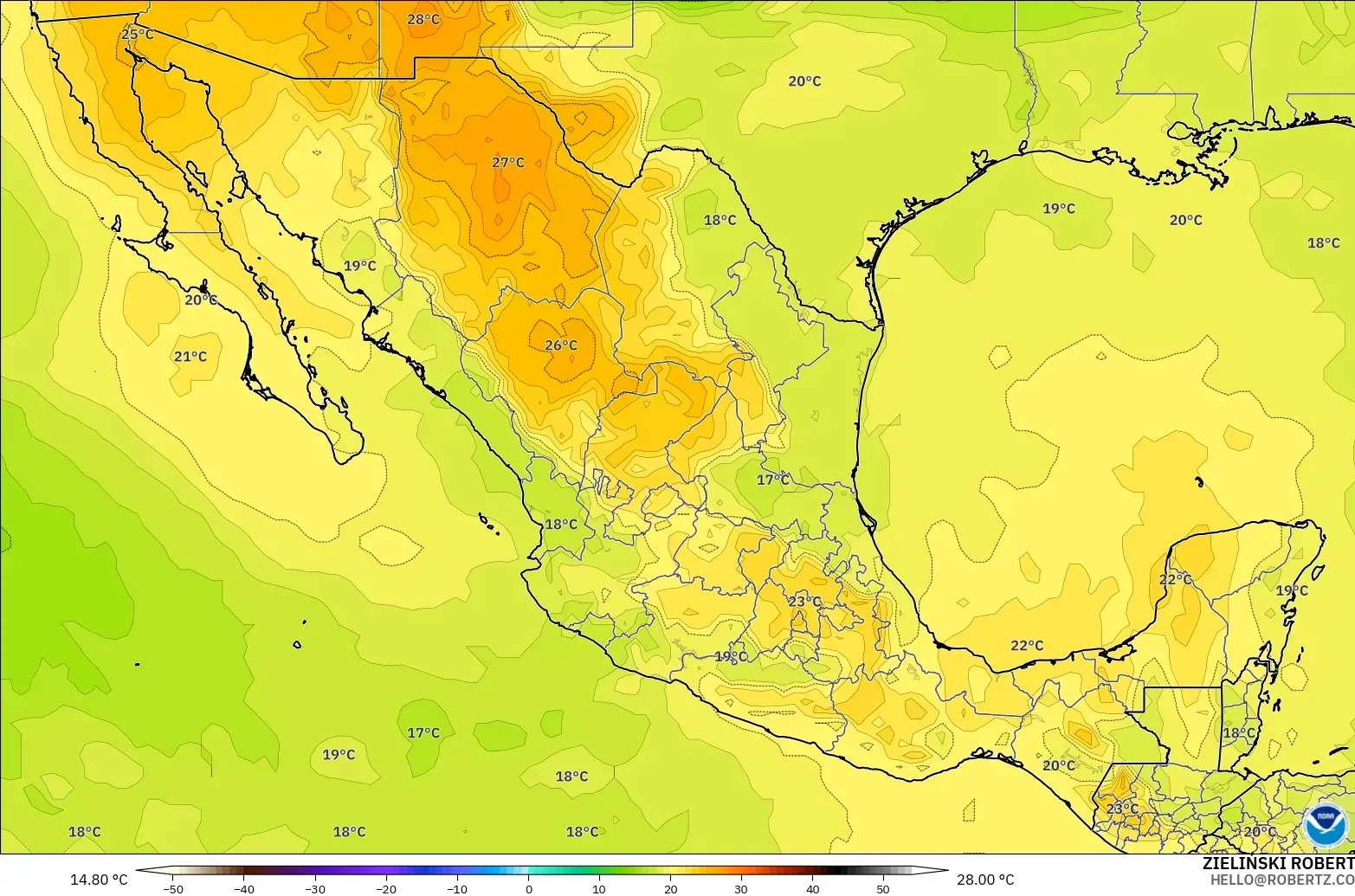 GFS モデル - メキシコ, 気温（850hPa）