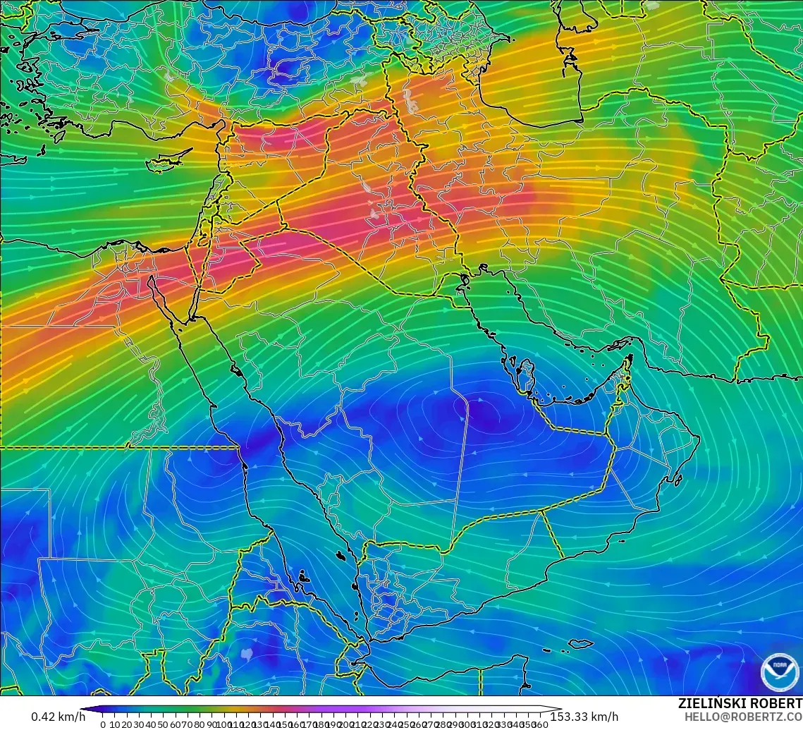 GFS モデル - 中東, 風速（300hPa）