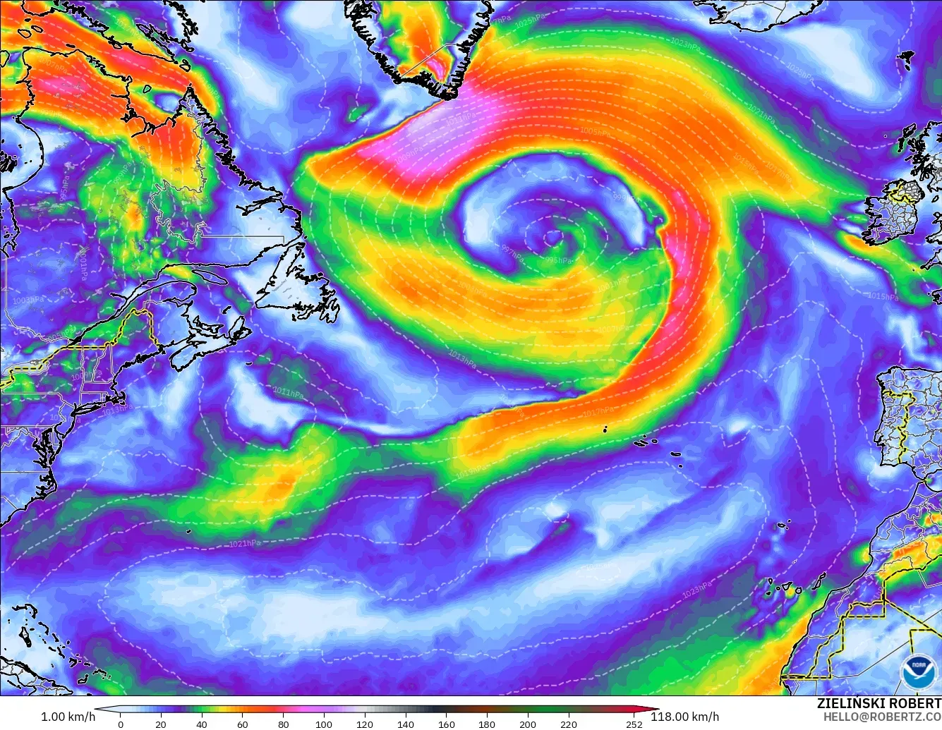 GFS モデル - 北大西洋, 突風（最大）