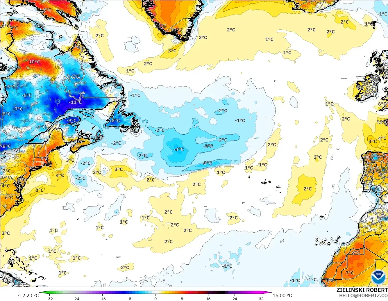 GFS モデル - 北大西洋, 気温異常（2m）