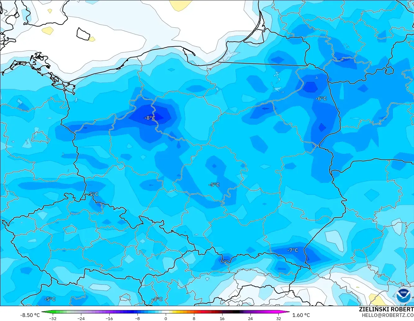 GFS モデル - ポーランド, 気温異常（2m）