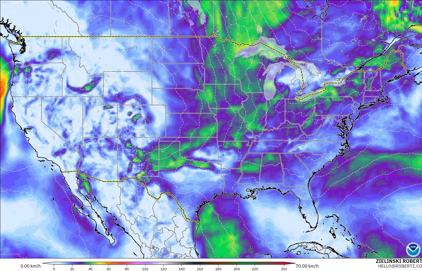 GFS モデル - アメリカ合衆国, 突風